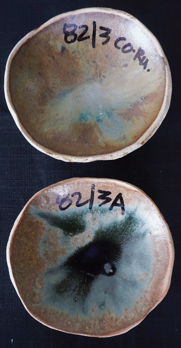 10 Top: Cowan Celadon glaze with 1% cobalt oxide and 3% rutile added. Bottom: same glaze with 50% wood ash added.
