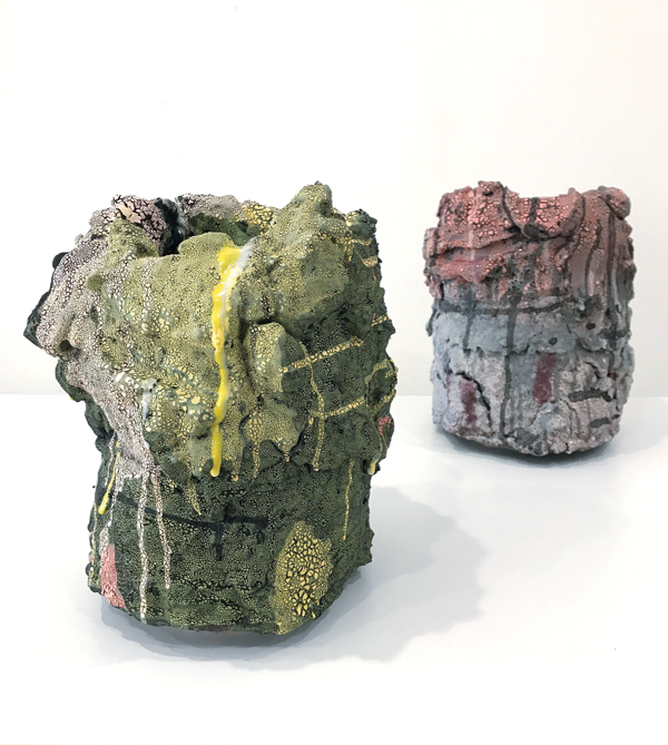 3 Brian Rochefort’s vessel, 13 in. (33 cm) in height, stoneware, glass, glaze fragments, 2017.