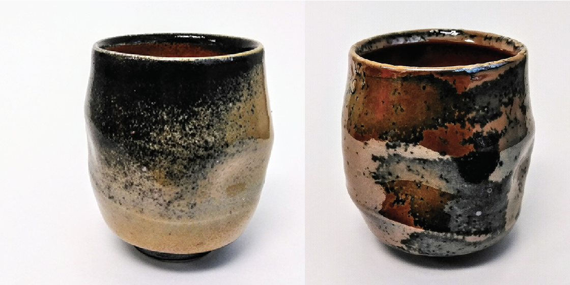 1 Two different shino vessels, fired side-by-side. Left: one week dry time, right: less than one hour dry time prior to firing. This results in two things: soda ash crystal patterns are grown that will control carbon trapping and glaze vitrification temperatures change. During the firing, soda ash is also pulled away from other places, effectively taking flux away from the areas where crystals did not form.