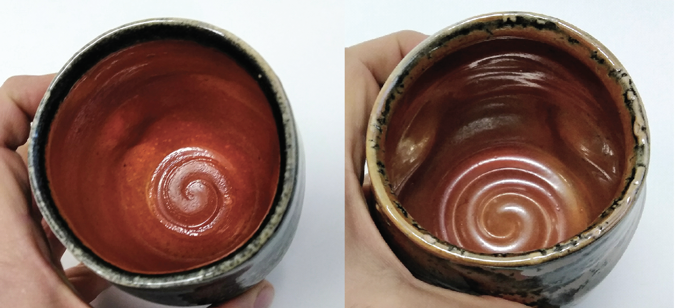 2 Liners of shino vessels left: glazed a week prior to firing and right: glazed immediately before loading and firing. Take note of the carbon trapping, luster, and vitrification differences.