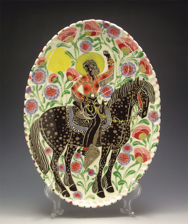 9 Trick-Roping Cowgirl, porcelain, drawn, carved, and underglazed surface decoration.