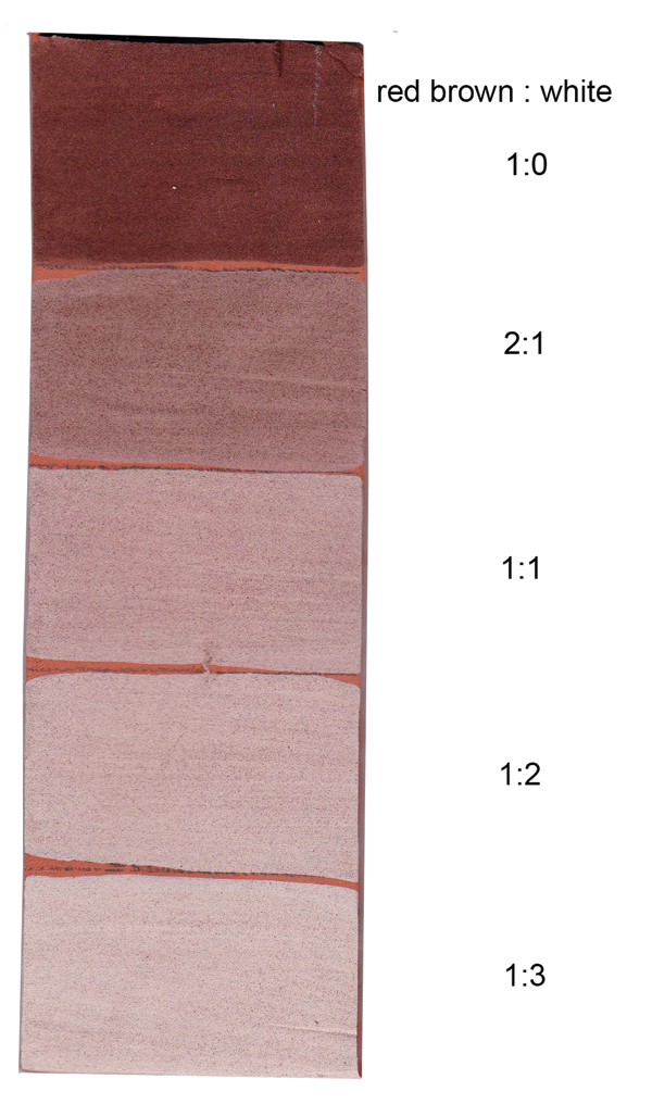 6 Test tile strip for tinting AMACO Velvet Red Brown with LUG White. From top to bottom (red brown:white) 1:0, 2:1, 1:1, 2:1, 3:1.