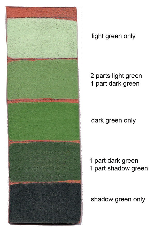 7 Test tile strip for tinting AMACO LUG Dark Green with Velvet Light Green and Velvet Shadow Green. From top to bottom, light green only, 2 parts light green:1 part dark green, dark green only, 1 part dark green:1 part shadow green, shadow green only.