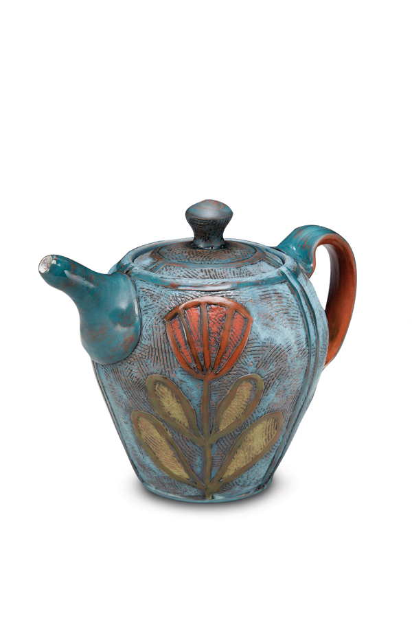 Teapot, 9 in. (23 cm) in width, red earthenware, terra sigillata, glaze, patina, 2017.