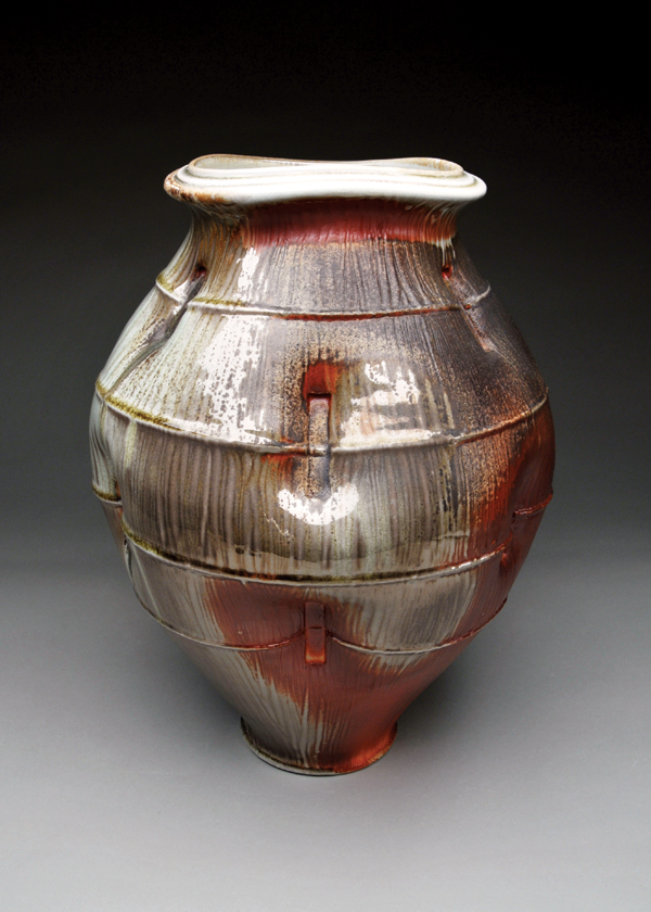 3 Cask, 21 in. (53 cm) in height, wood-fired porcelain, 2017. Fired in Dan Anderson’s Mounds Anagama, which is named after the Cahokia burial mounds prevalent near Southern Illinois.