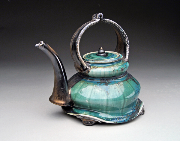 6 Teapot, 11 in. (28 cm) in height, wood-fired porcelain, 2016. Fired in the College of Lake County train kiln.