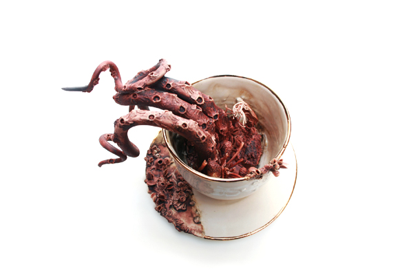 2 Bottom Feeder Teacup and Saucer (alternate view), 6 in. (15 cm) in height, wheel-thrown, handbuilt, slip-cast Standard 365 Porcelain, red iron oxide, Alfred White glaze, fired to cone 6, 22K-gold luster, 2014.