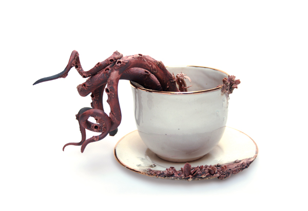 2 Bottom Feeder Teacup and Saucer, 6 in. (15 cm) in height, wheel-thrown, handbuilt, slip-cast Standard 365 Porcelain, red iron oxide, Alfred White glaze, fired to cone 6, 22K-gold luster, 2014.