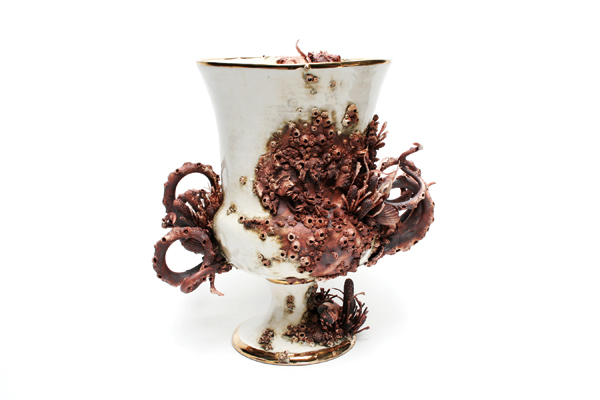 3 Bottom Feeder Campana Vase, 14 in. (36 cm) in height, wheel-thrown, handbuilt, and slip-cast Standard 365 porcelain, red iron oxide, Alfred White Glaze, fired to cone 6, 22K-gold luster, 2014.