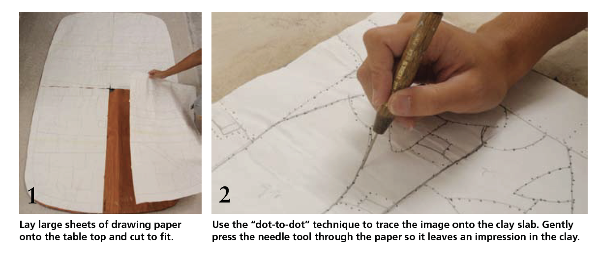 Images of steps 1 and 2 of making a cut tile mosaic table top. Cut the paper to the shape of the tabletop and sketch a design in pencil and use the dot-to-dot technique to transfer the design to the clay.