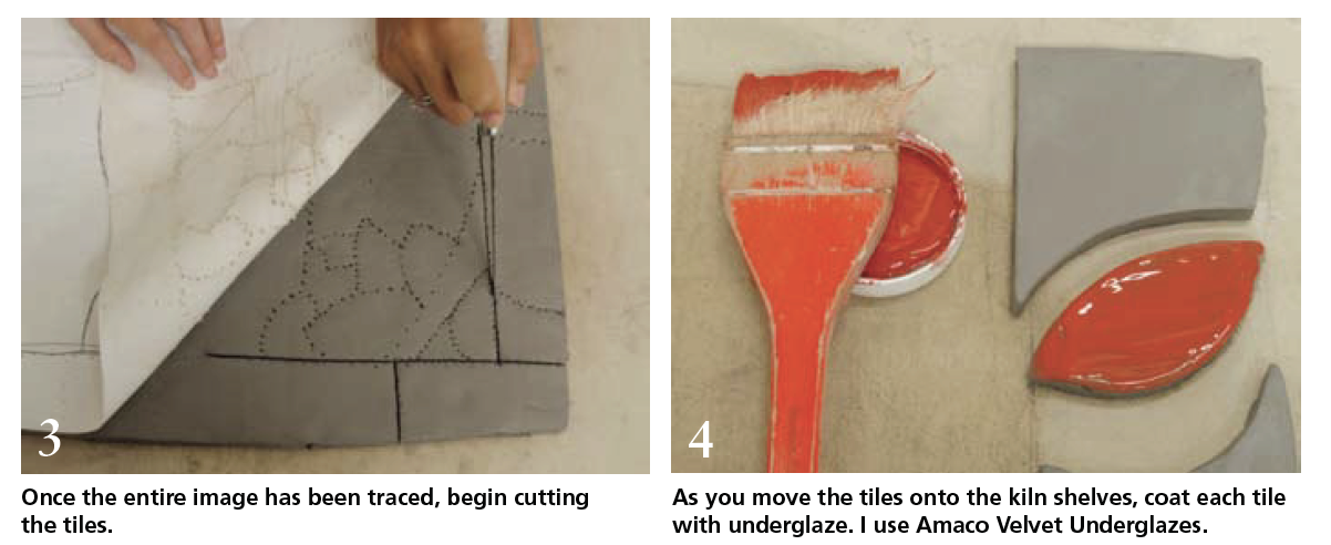 Image of Steps 3 and 4. Allow the clay to dry to an early leather-hard state then cut along the dotted lines with a fettling knife. With a wide hakeme brush, apply underglazes in a thick, opaque coat onto the tiles.