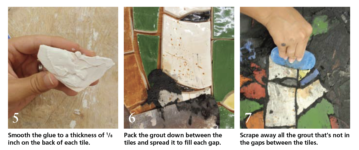 Image of Steps 5, 6, and 7.  Once the tiles are situated, they're ready to be glued down. Flip each tile over, coat with a liberal dollop of tile glue. With one motion, press the grout down into the empty spaces. Scrape away the excess grout.