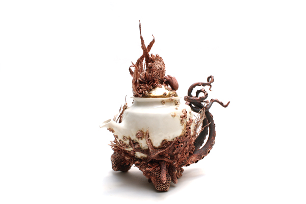 1 Bottom Feeder Small Teapot #1, 8 in. (23 cm) in length, wheel-thrown, handbuilt, slip-cast Standard 365 Porcelain, red iron oxide, Alfred White glaze, fired to cone 6, 22K-gold luster, 2014.