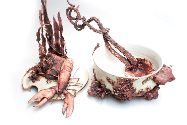 4 Bottom Feeder Soup Tureen (alternate view), 23 in. (59 cm) in height, wheel-thrown, handbuilt Standard 365 Porcelain, red iron oxide, Alfred White glaze, fired to cone 6, 22K-gold luster, 2013. Private collection.