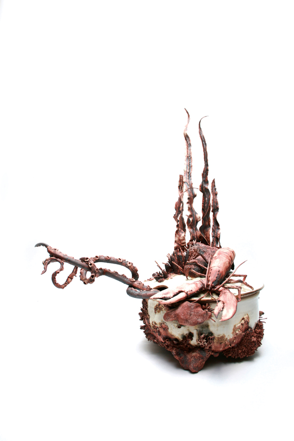 4 Bottom Feeder Soup Tureen, 23 in. (59 cm) in height, wheel-thrown, handbuilt Standard 365 Porcelain, red iron oxide, Alfred White glaze, fired to cone 6, 22K-gold luster, 2013. Private collection.
