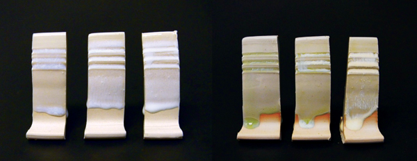 3 Niobium oxide was added to the Mid-Range Glaze Base (at 1, 2, and 3%) and fired to cone 6 in oxidation (left) and cone 10 in reduction (right).