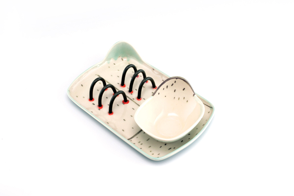2 Milk+Cookies, to 9¼ in. (23 cm) in width, handbuilt porcelain, underglaze, die-cut Tyvek resist pattern, colored clay extrusions, 2017.