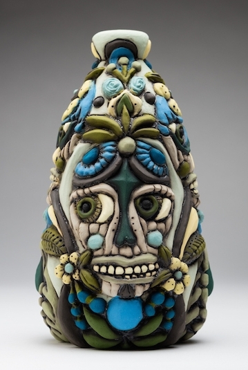 Four Skull Bottle, 7½ in. (19 cm) in height, wheel-thrown stoneware, carved, underglaze, stain, glaze fired to cone 5, 2017.