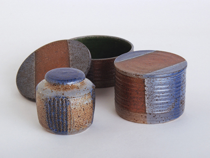 6 Lidded jars, to 6 in. (15 cm) in diameter, stoneware, salt glaze.