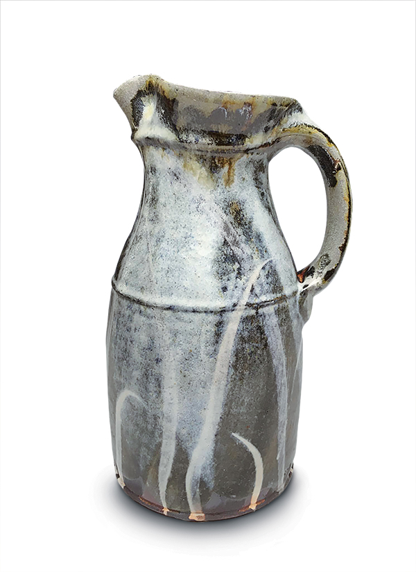 2 Canister pitcher, 11 in. (28 cm) in height, wheel-thrown stoneware, laterite slip, kaolin slip, nuka glaze, soda fired to cone 11, 2017.