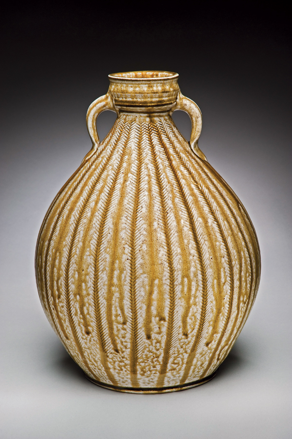 7 Jar, 15 in. (38 cm) in height, stoneware, roulette decoration, ash glaze, fired in a wood-salt kiln to cone 10.