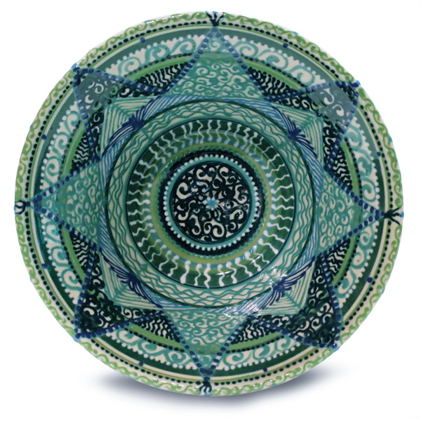 Shades of Blue and Green, 8¼ in. (21) cm in diameter, White Millcreek Stoneware, Speedball underglazes, and clear glaze, once fired to cone 6 in an electric kiln.