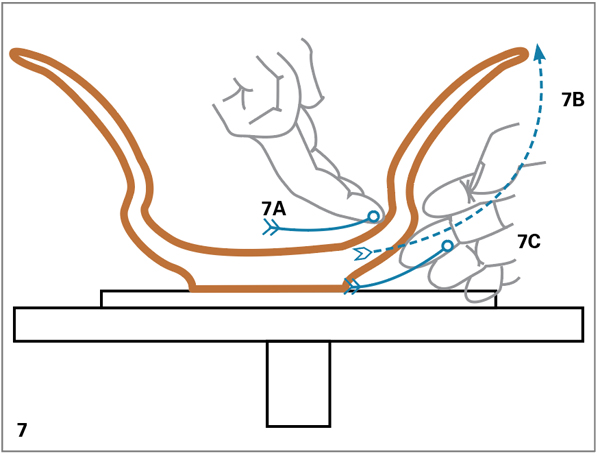 7 Push your left-hand fingers outward in a horizontal direction (7A). As your inner fingers stretch the clay, the clay will be slowly raised in a long arc (7B), denoted by the dashed line.