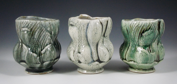 Scraggler Cups, 4 in. (10 cm) in height, wheel-thrown and altered stoneware, slips, ash glazes, fired four times to cone 6, 2017.
