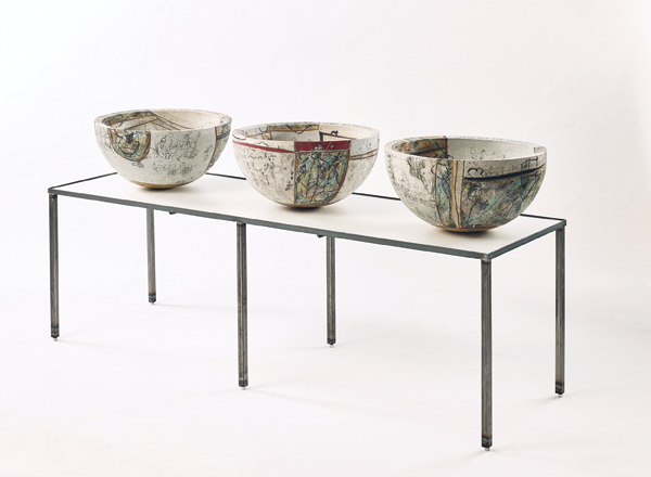 7 Bowl triptych, 6 ft. 5 in. (2 m) in length, stoneware, displayed in the Museum for Art and Cultural History in Dortmund, Germany.
