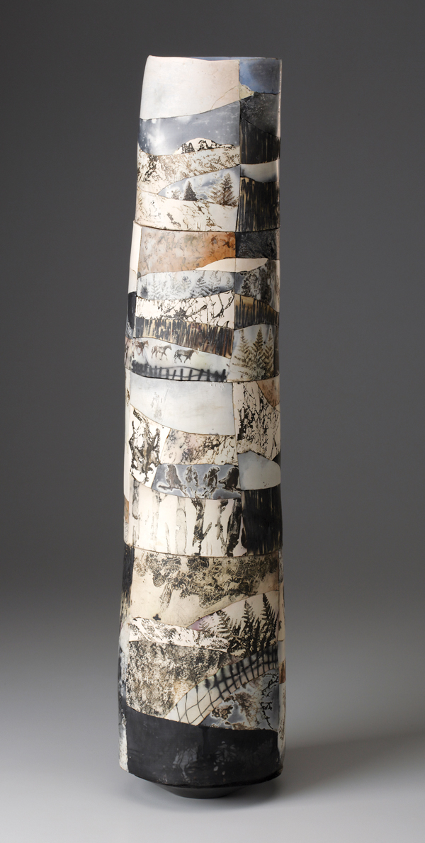 10 Irina Okula’s This Land is My Land, 24 in. (61 cm) in height, earthenware, saggar fired to cone 012, 2017. 