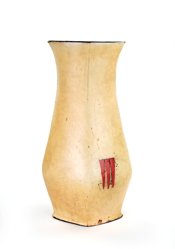 4 Tom Jaszczak’s Diamond Vase, 19 in. (48 cm) in height, wheel-thrown and handbuilt red earthenware, soda fired to cone 2, 2017. 