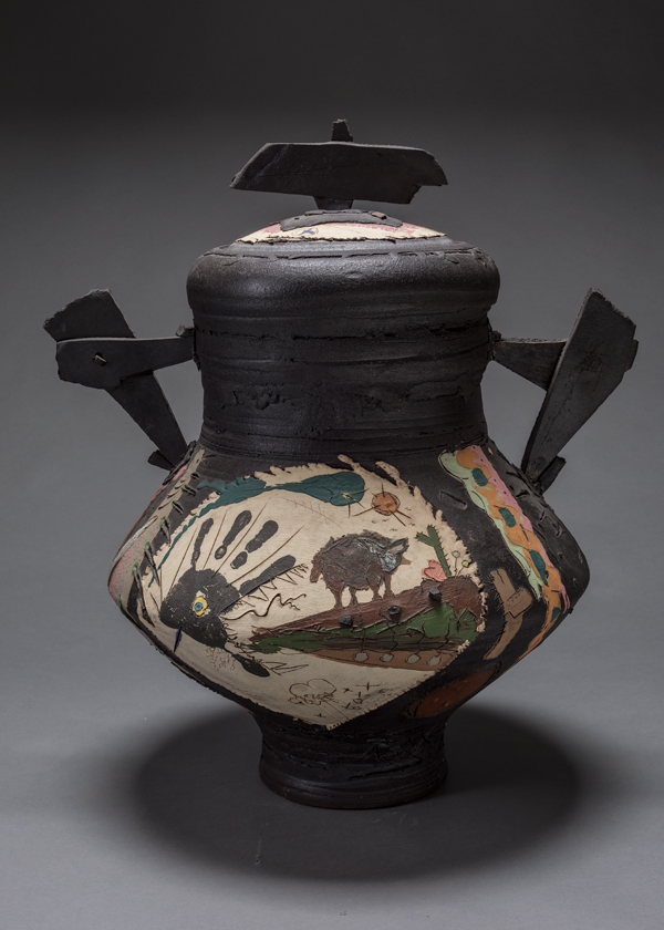  3 Don Reitz’ covered jar from the Sara series, 38 in. (96 cm) in height, stoneware, 1985. New Orleans Museum of Art, Museum Purchase with funds donated by E. John Bullard in memory of Robert H. Cousins. Copyright Reitz Family Trust.