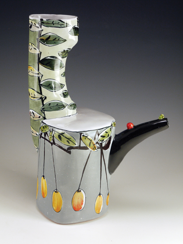 Tall Ewer: Grey with Fruit, 12 1/4 in. (31 cm) in height, terra cotta with majolica glazes, fired to cone 04, 2010.