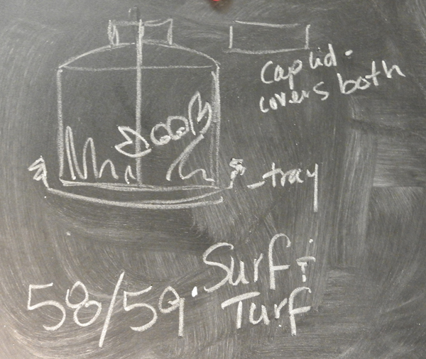 1 This was the initial Surf and Turf chalkboard sketch for days 58 and 59. Sketchbook notes were also taken for each piece.