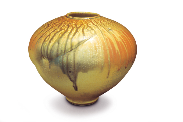 Tom Coleman’s vase, 10½ in. (27 cm) in height, porcelain, yellow crystal matte glaze, ash, fired to cone 10, 2000.