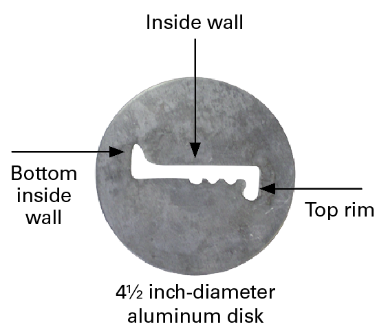 1 Aluminum extruder die sized to fit in the barrel cap of a 4 in. (10 cm) barrel.