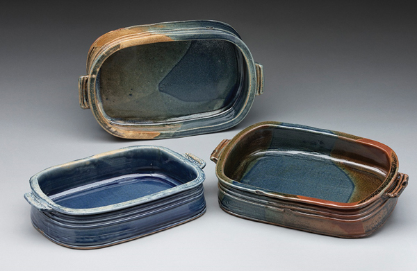 Three baking dishes, white stoneware, buff clay, fired to 2350°F (1288°C) in reduction. Photo: Jafe Parsons.