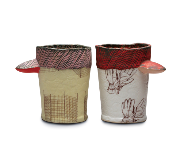 14 Ashley Kim’s thimbled cups with gloves and cage, white clay, underglazes, fired to cone 5, decals.