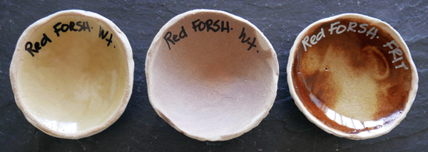 4 Bleaching effect, adhesion, and melting tests for mixes of three materials (red clay and feldspar are the constants, and the variables are whiting, kaolin, and frit). Whiting is on the left, EPK kaolin is in the center, and frit is on the right.
