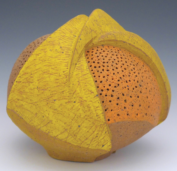 1 Andrea Pichaida’s Yellow Seed, 6 in. (15 cm) in diameter, handbuilt stoneware, underglazes, reduction fired. 