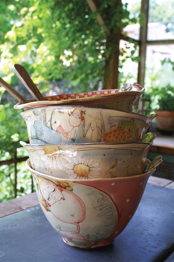 3 Salad bowls, to 9 in. (23 cm) in diameter, earthenware, sgraffito, glaze, fired to cone 01, 2018.