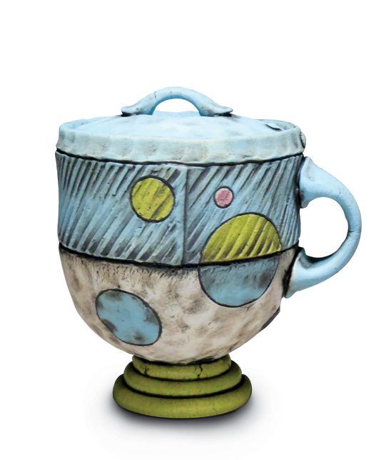 2 Eric Beavers’ steeping mug, 5 in. (13 cm) in height, pinch, coil, and slab-built stoneware, underglaze, fired to cone 5.