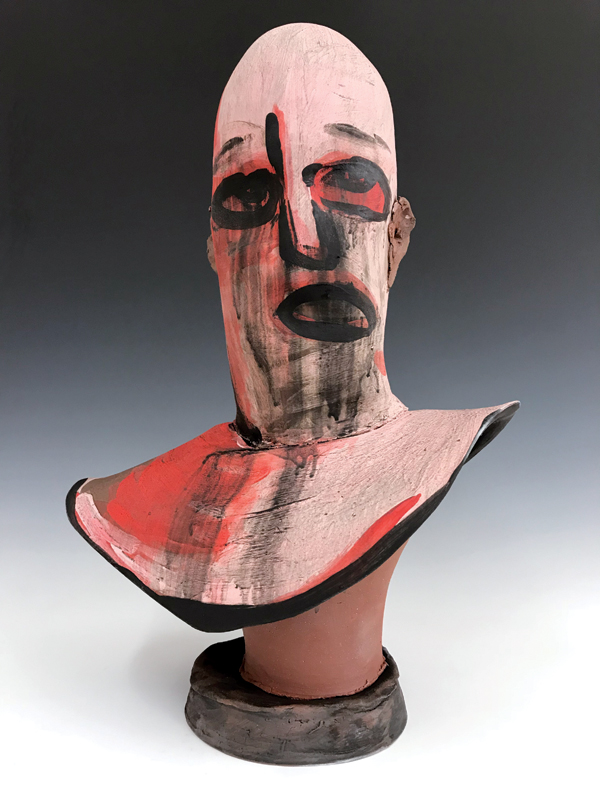 1 Ian F. Thomas’ Ancestral Bust, 24 in. (61 cm) in height, wheel thrown, altered, coil, and slab built, underglaze, fired to cone 1 in oxidation.