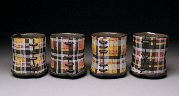 13 Jillian Cooper’s whiskey cup set, to 3 in. (8 cm) in height, stoneware, glaze, underglaze, multiple firings.