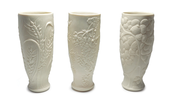 3 JoAnn Axford’s Wheat, Hops, and Brewers Yeast Beer Weizens, to 7 in. (18 cm) in height, slip-cast porcelain, unglazed, hand polished, fired to cone 6 in oxidation.