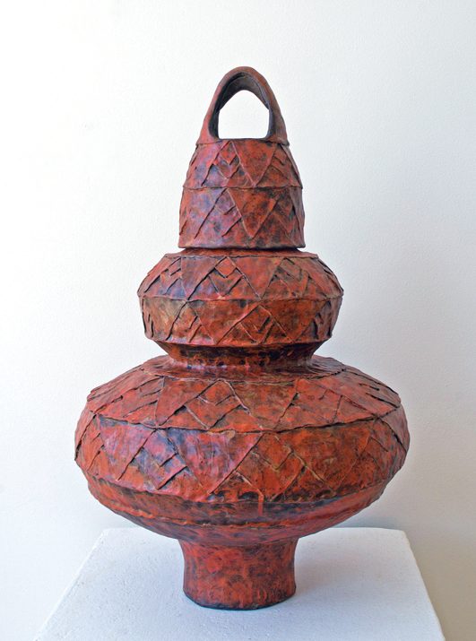 6 Red storage vessel, 29 in. (74 cm) in height, Laguna B-3 Brown cone 5 clay, terra sigillata, washes, slips, fired to cone 4 in oxidation, 2017.