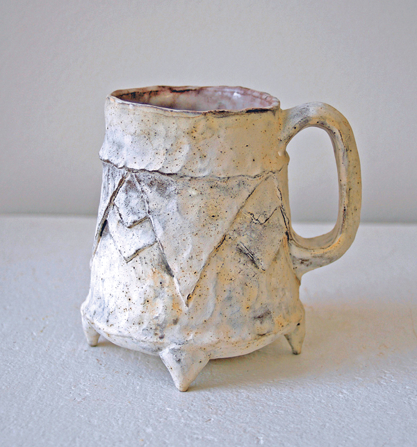 2 Footed mug, 5 in. (13 cm) in width, terra sigillata, washes, slips, fired to cone 4 in oxidation, 2017.