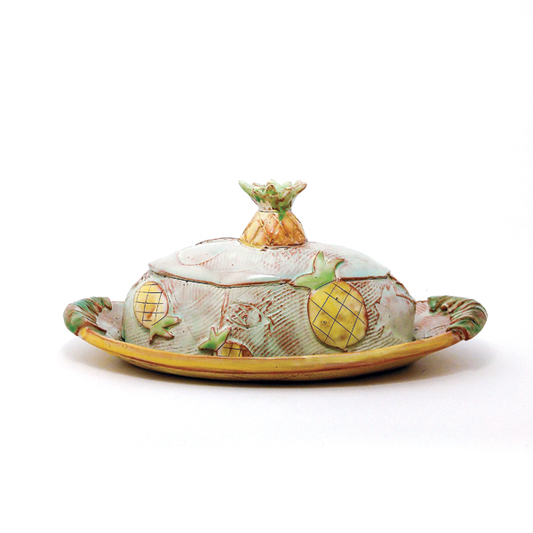 17 Pineapple butter dish, 8 in. (20 cm) in length, earthenware, fired to cone 04, 2017.