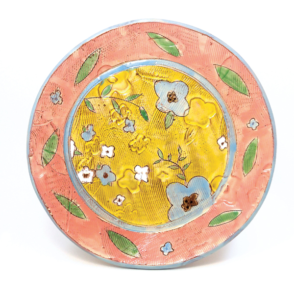 Pink-rimmed floral plate, 10½ in. (27 cm) in diameter, earthenware, fired to cone 04, 2018.