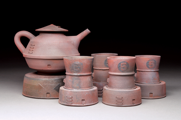 4 Teapot and base with cups and saucers, 14 in. (36 cm) in length, wood-fired stoneware, reduction cooled, 2016.